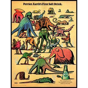 1984 Perrier Naturally Sparking Mineral Water Vintage Print Ad Dinosaur Cartoon